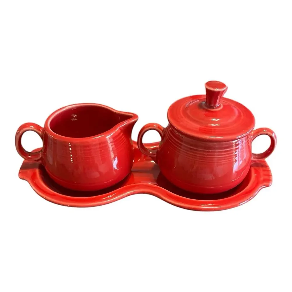 Vintage Fiestaware Ceramic Sugar & Creamer With Tray Fiesta Pottery Scarlet Red